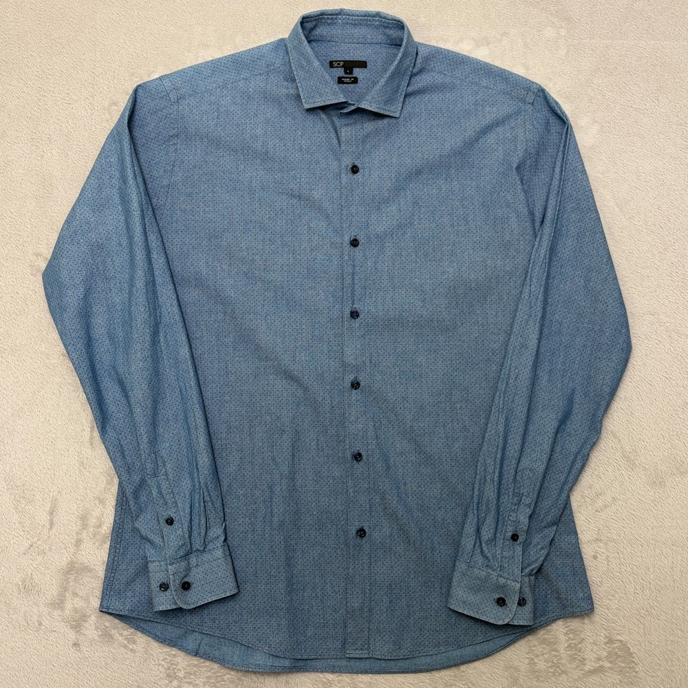 Scoop NYC SCP Cutaway Collar Chambray Shirt L made in Italy red pattern
